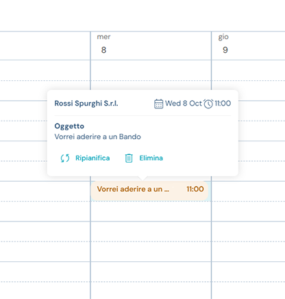 popup che si apre al passaggio del mouse sopra un appuntemento fissato in calendario
